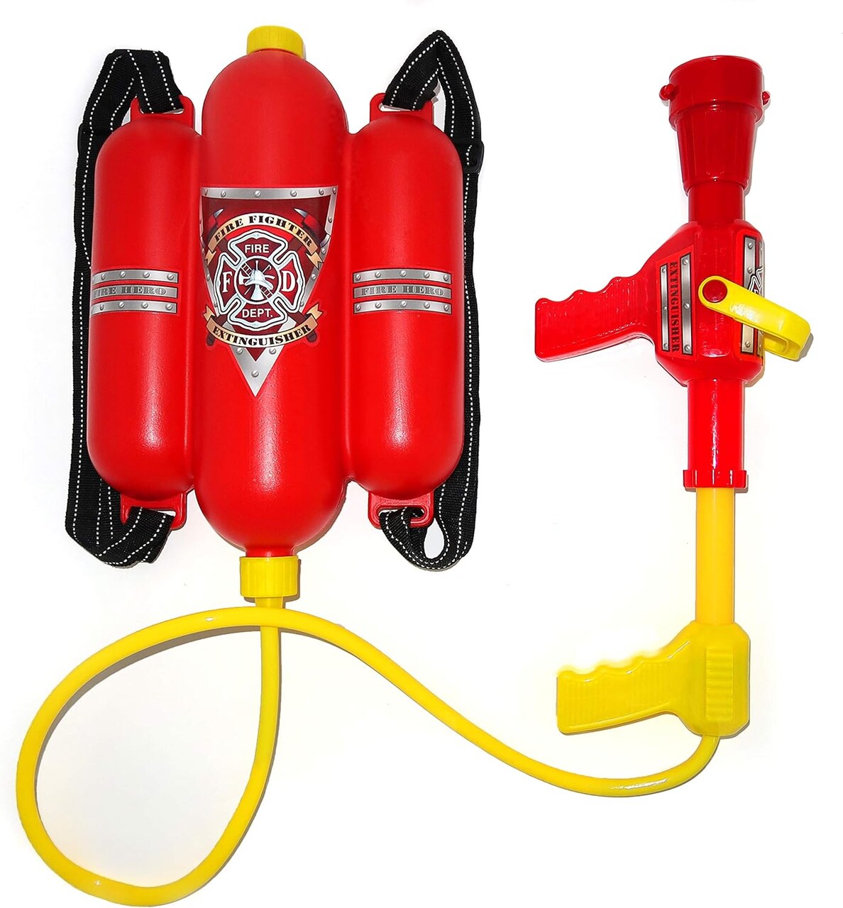 4E's Novelty Firefighter Backpack Water Gun – Water Soakers for Kids, Tank with Hose Shooter for Outdoor, Pool Play & Fireman Pretend Play